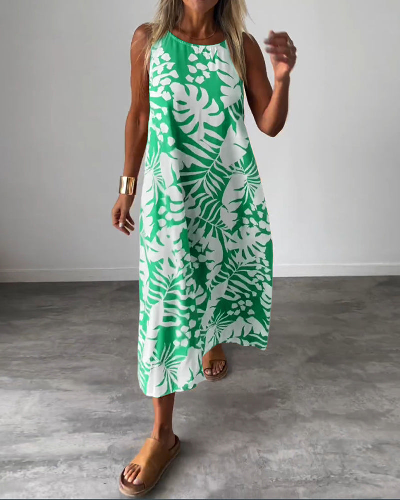 Elegantes Ärmelloses Kleid mit Blattmuster