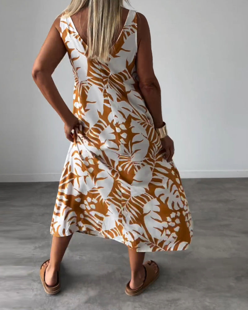 Elegantes Ärmelloses Kleid mit Blattmuster