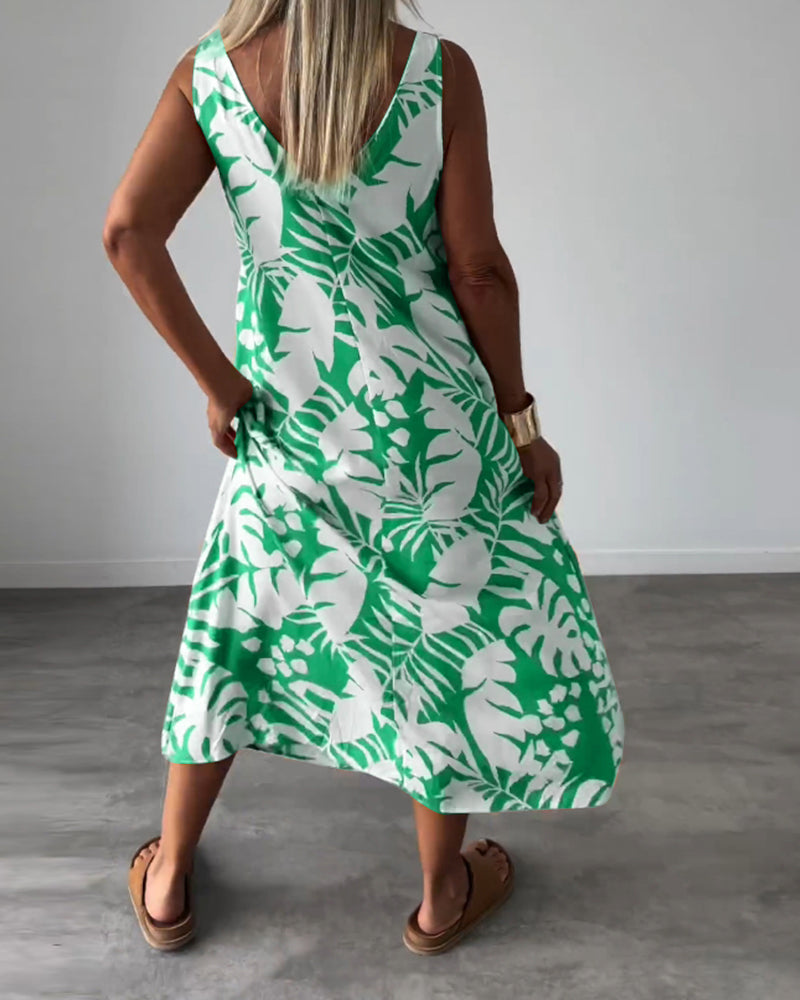 Elegantes Ärmelloses Kleid mit Blattmuster