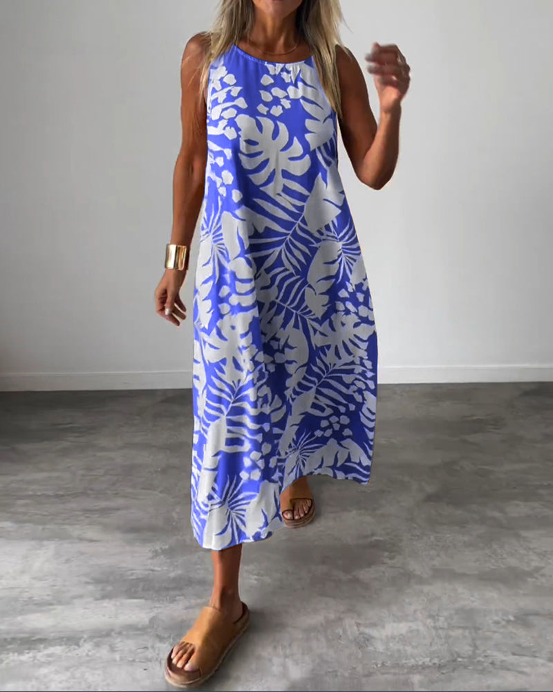 Elegantes Ärmelloses Kleid mit Blattmuster