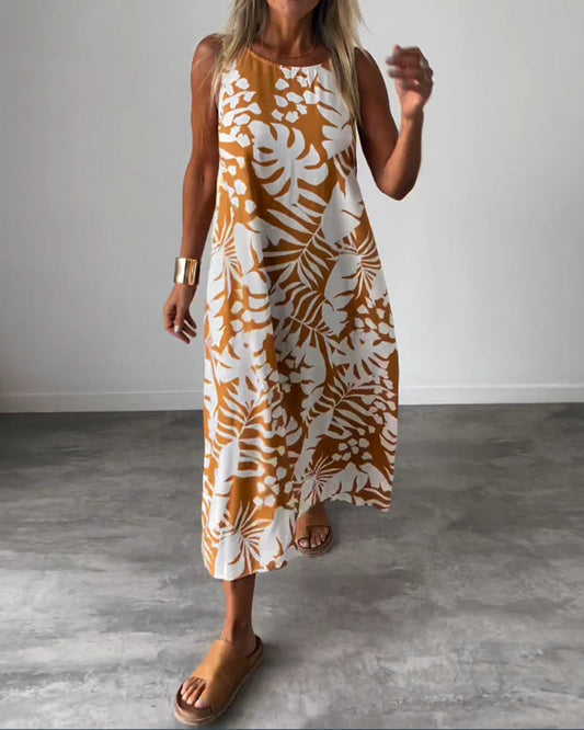 Elegantes Ärmelloses Kleid mit Blattmuster