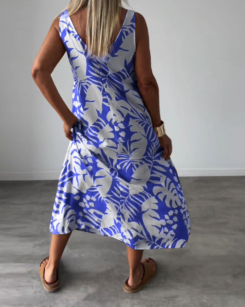 Elegantes Ärmelloses Kleid mit Blattmuster