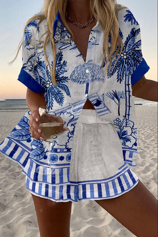 Zanika™ | Kurzes Leinen-Set mit Palmenprint