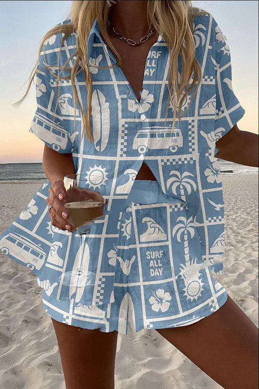 Trenara™ | Kurzes Leinen-Set mit Caravan-Druck