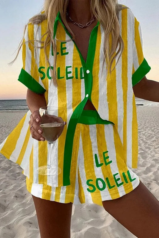 Halora™ | Gelb gestreiftes Leinen-Short-Set